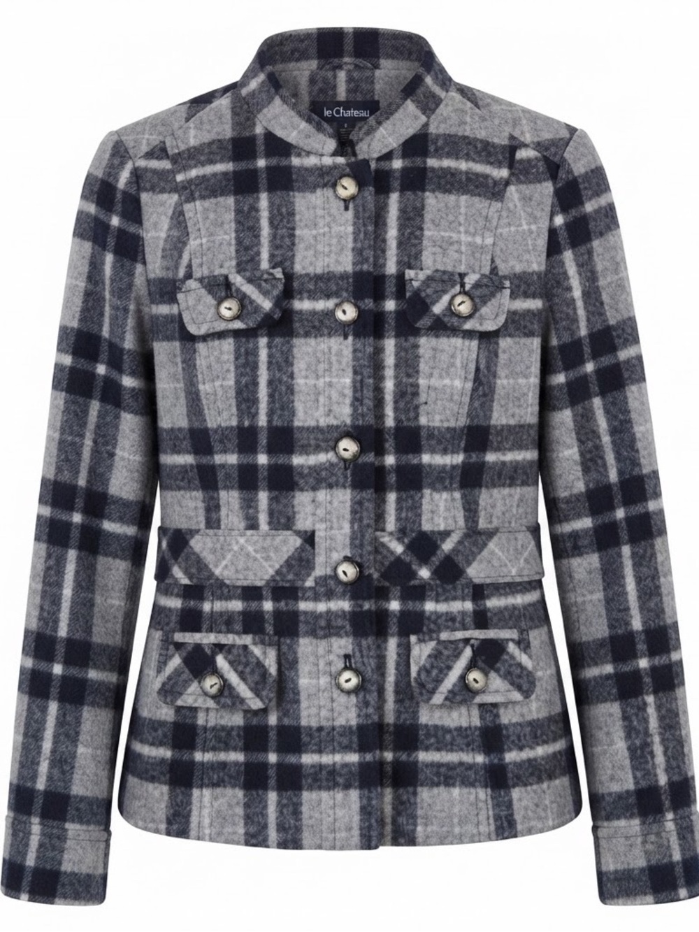 LE CHATEAU GREY BLACK PLAID CLASSIC BUTTON UP CUT BLAZER  SIZE S